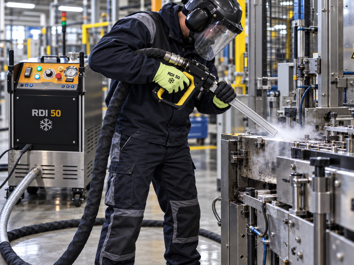 Technician dry ice blasting a rubber drum mould