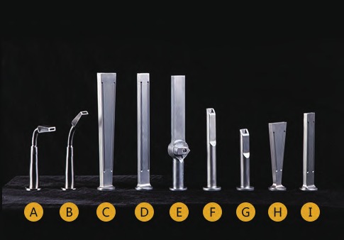 Dry ice blasting nozzles A to I, including angled, flat and round nozzle profiles